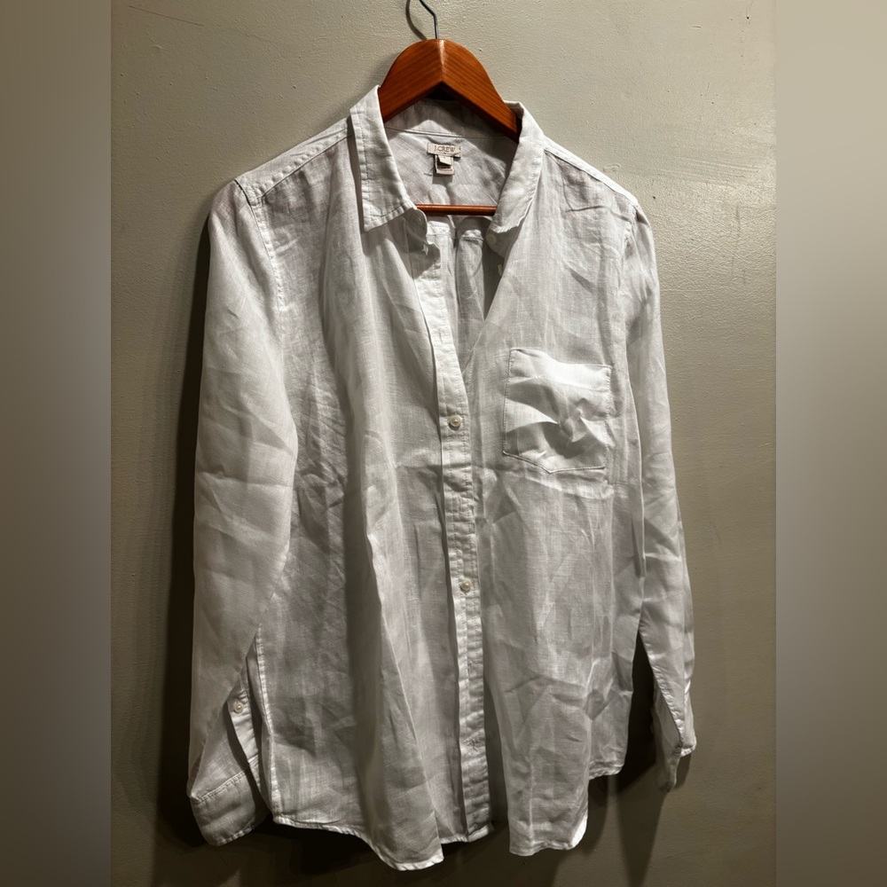 J. Crew White Casual Button Down Shirt Womens size large office linen casual